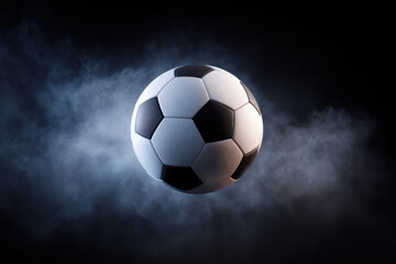 Naklejka premium Soccer ball floating in smoke on black background, studio sports concept with dramatic lighting and dark copy space