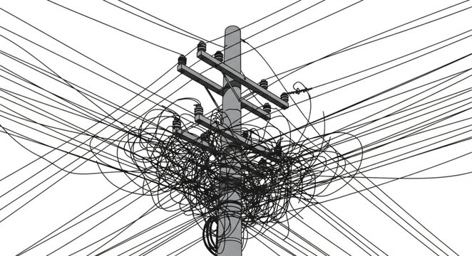 Complex electrical power pole with many tangled wires.