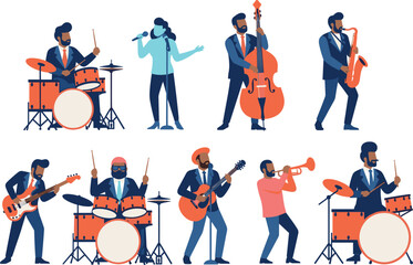 jazz, band, musician, music, performance, instrument, drummer, guitar, trumpet, singer, bass, saxophone, artist, concert, stage, entertainment, show, melody, rhythm, orchestra, player, acoustic, sound © MDHAFIJUDDIN