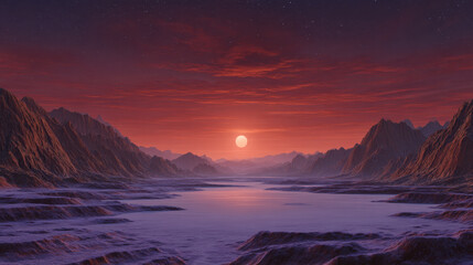 Fototapeta premium Dwarf sun over eroded mountain valley and alien river under starry purple sky at sunset with dramatic horizon, calm and surreal mood