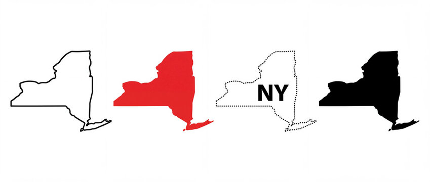 Diverse graphic illustrations depicting the recognizable silhouette of a prominent northeastern state, presented in a series of four stylized designs for maps and educational content