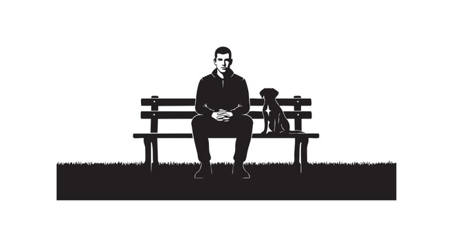 Man and dog sitting on park bench, friendship and companionship vector illustration.