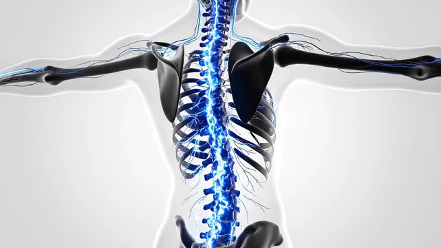 Woman spine activating in side view as neural pulses travel along the spinal column in sequence showing signal propagation for neurology research, diagnostics, and medical visualization