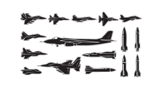 Military aircraft and missiles silhouette collection including jet fighters bombers and rockets for defense army theme.