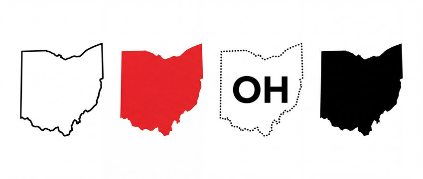 Four stylized representations of the state of Ohio, showcasing its distinct outline and the abbreviation 'OH' in various formats