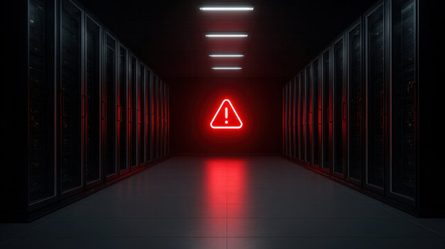 Dark server room with red warning light, symmetrical corridor, empty data center, glowing alert sign