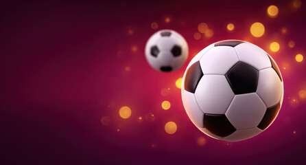 Naklejka premium Soccer ball flying in red and purple background with glowing light bokeh and sport motion effect