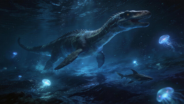 Mystic Underwater Encounter: A prehistoric plesiosaur glides through a luminescent underwater realm, accompanied by jellyfish and a shark.