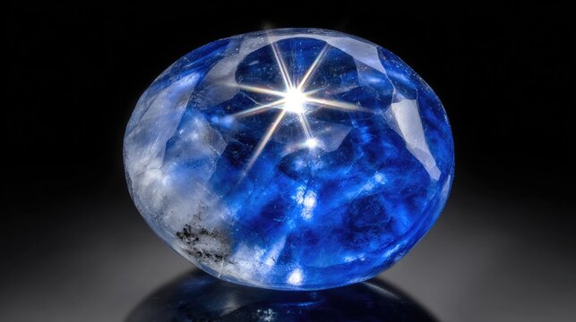 asterism. Sapphire crystal exhibiting a natural star pattern, gemstone close-up. STEM education sheets, lab safety posters, designed for biotech research communications, used by videographers.