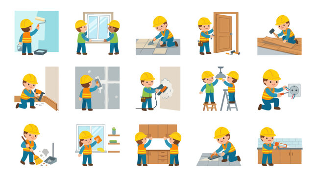 Flat Cartoon Vector Set of Cute Kids Builders Doing Home Construction, Renovation  Repair Tasks