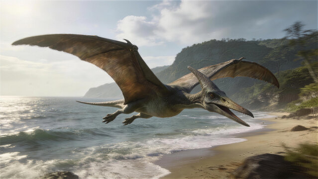 Pterodactyl Soaring over Seaside: A majestic pterodactyl gracefully glides through the sky, its massive wings spanning against a backdrop of the serene coastline. 