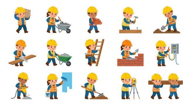 Cartoon Construction Workers Set - Builders Doing Various Tasks