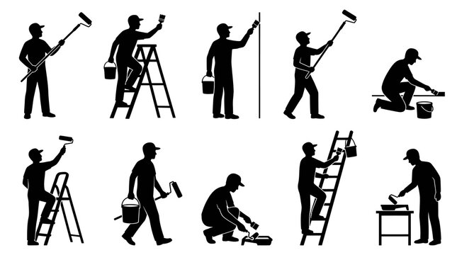 Black and white vector icons of painters with rollers and ladders