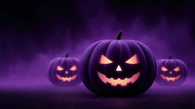 Jack o lantern pumpkin glowing silhouette purple spooky halloween carved face lantern dark mist fog eerie festival autumn night decoration horror orange trio group shadow eyes mouth grin festive