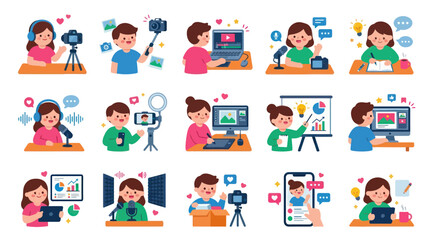 Fototapeta premium Flat Vector Illustration of Diverse People Creating Online Content