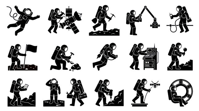 Space Exploration Astronaut Activities Black White Glyph Pictogram Icons Set