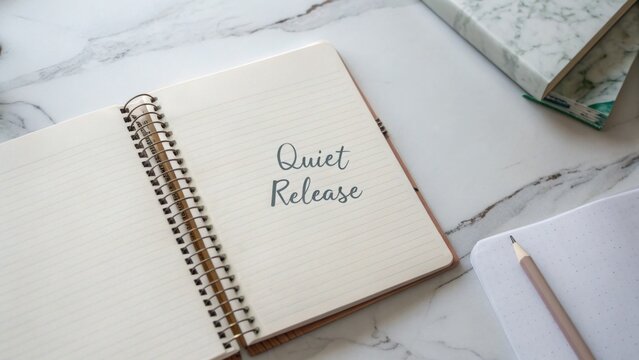 Inspirational Notebook with Handwritten Text Quiet Release on a Marble Tabletop, Ideal for Creative Reflection