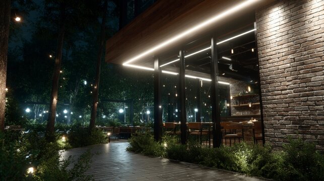 Modern brick building exterior with warm glowing linear lights and glass walls illuminated at night