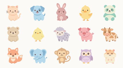 Obraz premium Cute Kawaii Animals Collection, Vector Illustration, Flat Art Style