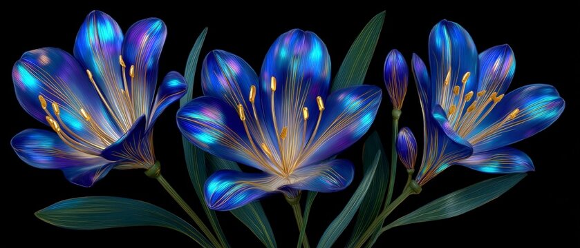 Three vibrant blue clivia flowers with metallic sheen and golden stamens isolated on black background illustration