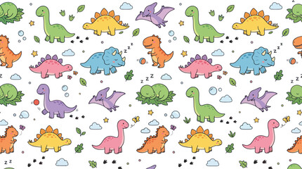 Fototapeta premium Cute Cartoon Dinosaurs Seamless Pattern for Children's Products - Prehistoric Animals Illustration