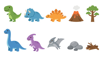 Fototapeta premium Cute Dinosaur Vector Icons - Flat Style Children's Illustration