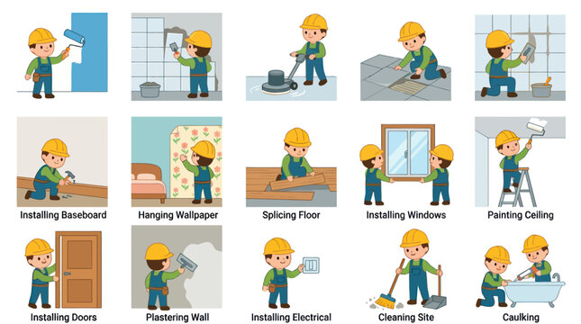 Flat Cartoon Home Renovation  Construction Workers Doing House Tasks Vector Set