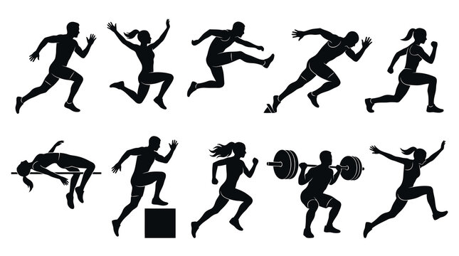 Glyph Sports Silhouettes: Track  Field, Gym Athletes in Black Vector Set