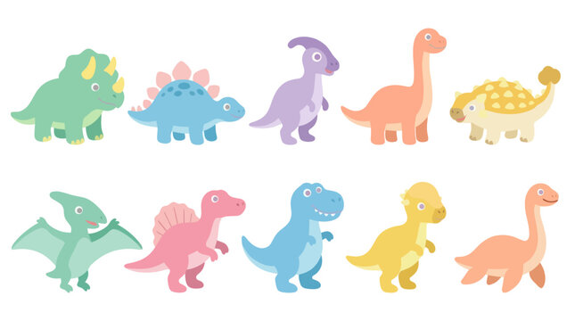 Cute Cartoon Dinosaurs Vector Illustration - Flat Style for Kids