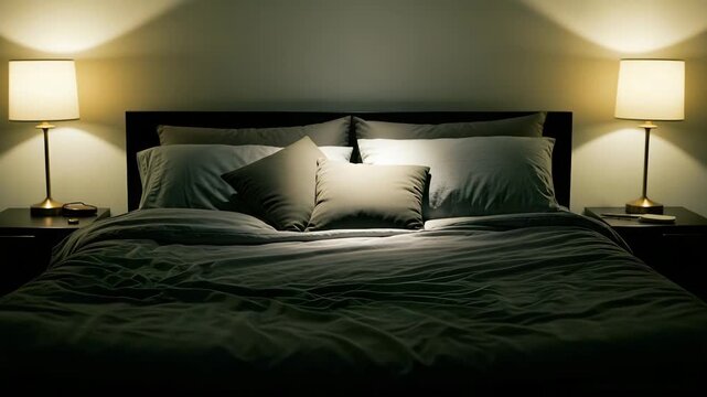 Cozy bedroom scene with soft lamp light and peaceful nighttime ambiance