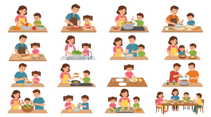 Fototapeta premium Family Cooking Together: Parents and Children Preparing Food Flat Style