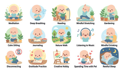 Obraz premium Cute Baby Icons: Mindful Activities and Self-Care in Flat Design