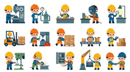 Fototapeta premium Flat Style Cartoon Workers in Factory and Construction Settings
