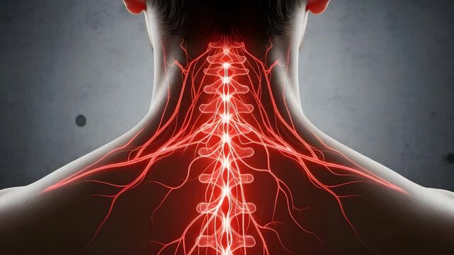 Close-up of human spine and nerves glowing red, medical illustration