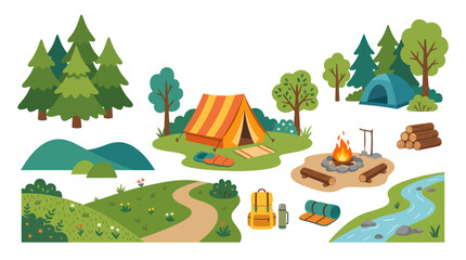 Obraz premium Camping Outdoor Recreation Flat Vector Elements Set with Nature, Tents, Campfire, and Gear