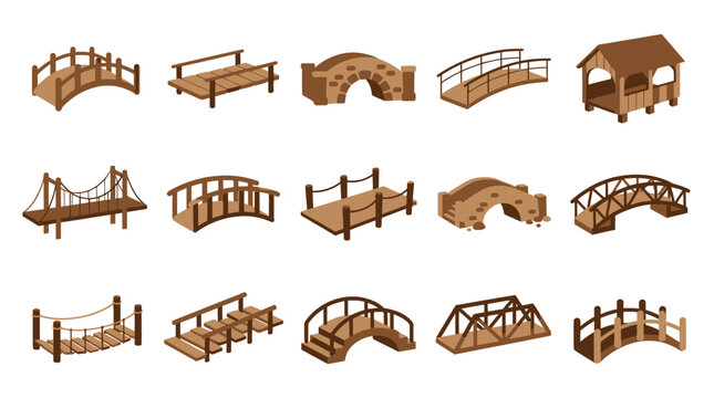 Isometric Vector Illustration of Various Wooden and Stone Bridges for Park and Garden Design