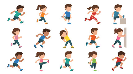 Fototapeta premium Children Running and Stretching Flat Vector Set - Kids Sports, Fitness, and Health