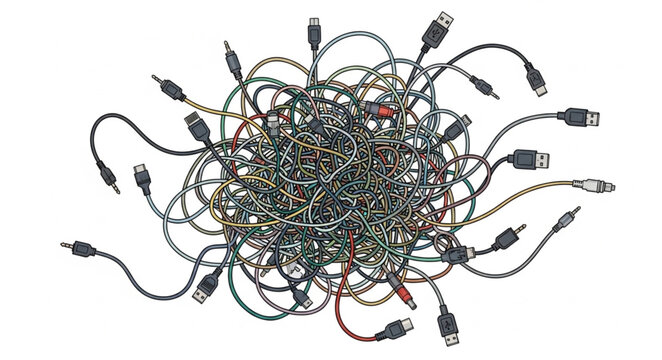Tangled mess of computer cables and wires on a white background.