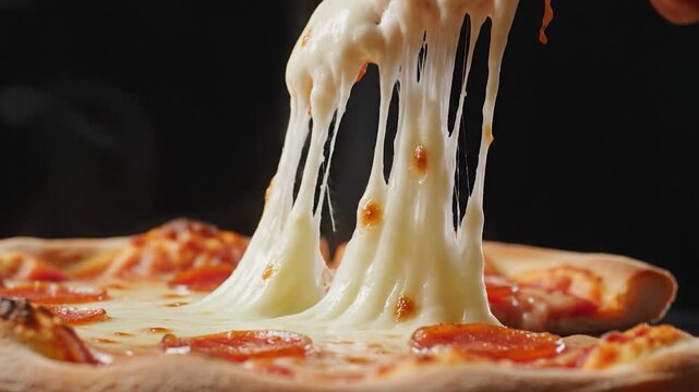 Delicious Pepperoni Pizza Slice with Stretchy Mozzarella Cheese Pull.