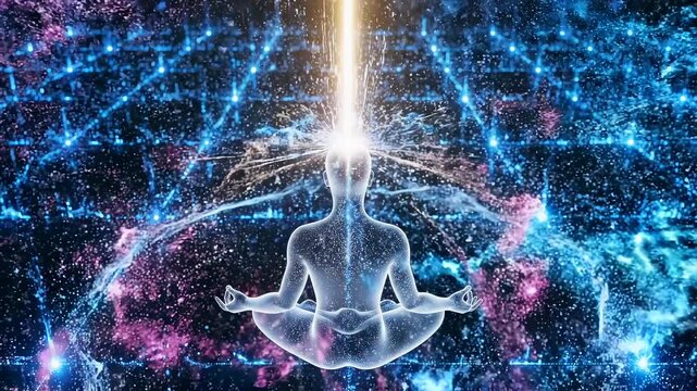 meditating human figure with a straight luminous vertical axis piercing through the body and extending into space, visualizing alignment, energy flow, and a connection between physical form