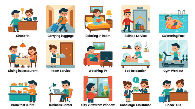 Hotel Services Flat Vector Icons: Check-in, Pool, Dining, Spa, Gym, Business