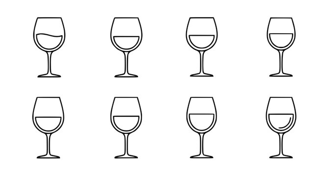 Set of wine glass outline icons showing different liquid levels for alcohol bar restaurant cafe and beverage menu designs