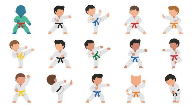 Flat vector illustration of karate kids in action poses, martial arts