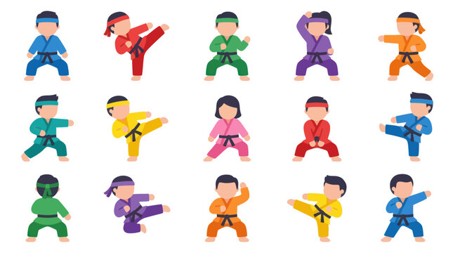 Flat Cartoon Kids Martial Arts Vector Illustration Set: Karate and Taekwondo Poses