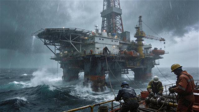 Oil Rig in Rough Waters: Captivating view of an oil rig weathering a tempest, the structure stands defiant amidst churning waves. Men are on the deck of the ship.