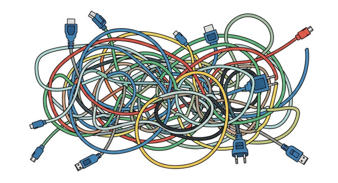 Tangled computer cables and wires with various connectors.