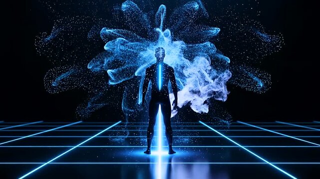 rear view of human silhouette in dark XR space as rhythmic light pulses rise from the ground through the spine and expand into surrounding field, visualizing energy flow, neural activation