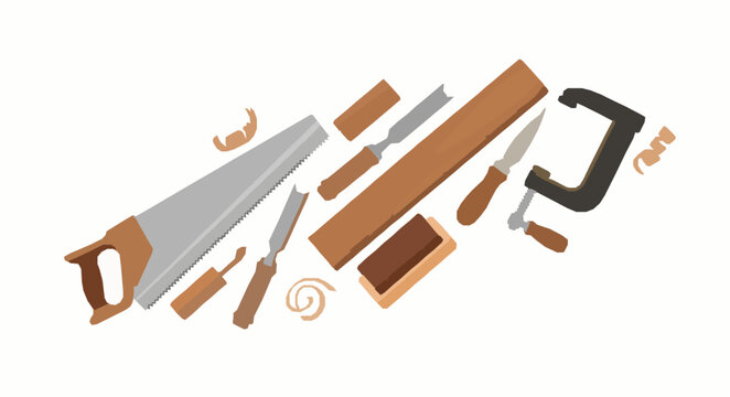 Professional woodworking tool set including handsaw chisels wood plane clamp and timber pieces for carpentry and craft projects vector illustration on white background