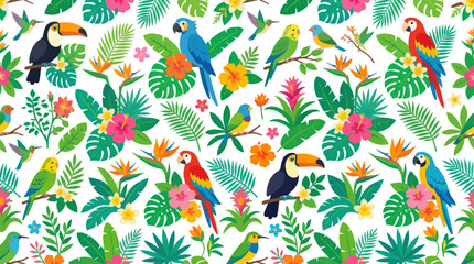 Naklejka premium Tropical Birds and Flowers Pattern, Flat Vector Illustration