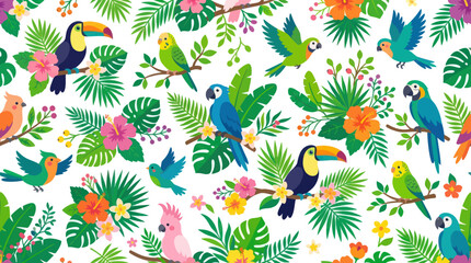 Naklejka premium Tropical Birds, Flowers, and Leaves Seamless Pattern, Flat Style